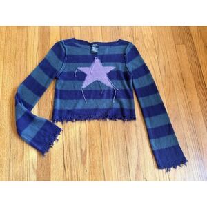 Hot Topic Teal & Navy Stripe Star Crop Girls Sweater Sz Large